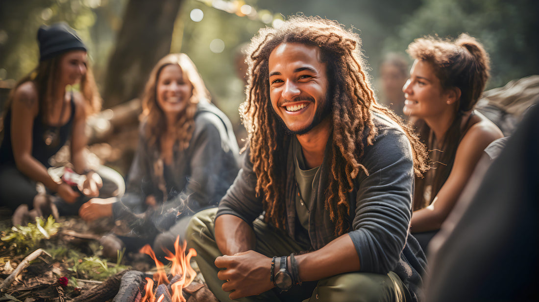 Young man with dreadlocks smiling in a mountain camp with a campfire. Group of young people enjoying nature in an ecofriendly environment.