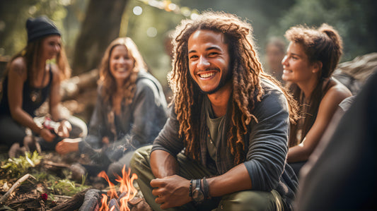 Young man with dreadlocks smiling in a mountain camp with a campfire. Group of young people enjoying nature in an ecofriendly environment.