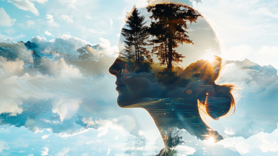 A serene double exposure portrait merging a human profile with a breathtaking mountainous landscape, evoking a sense of unity with nature.